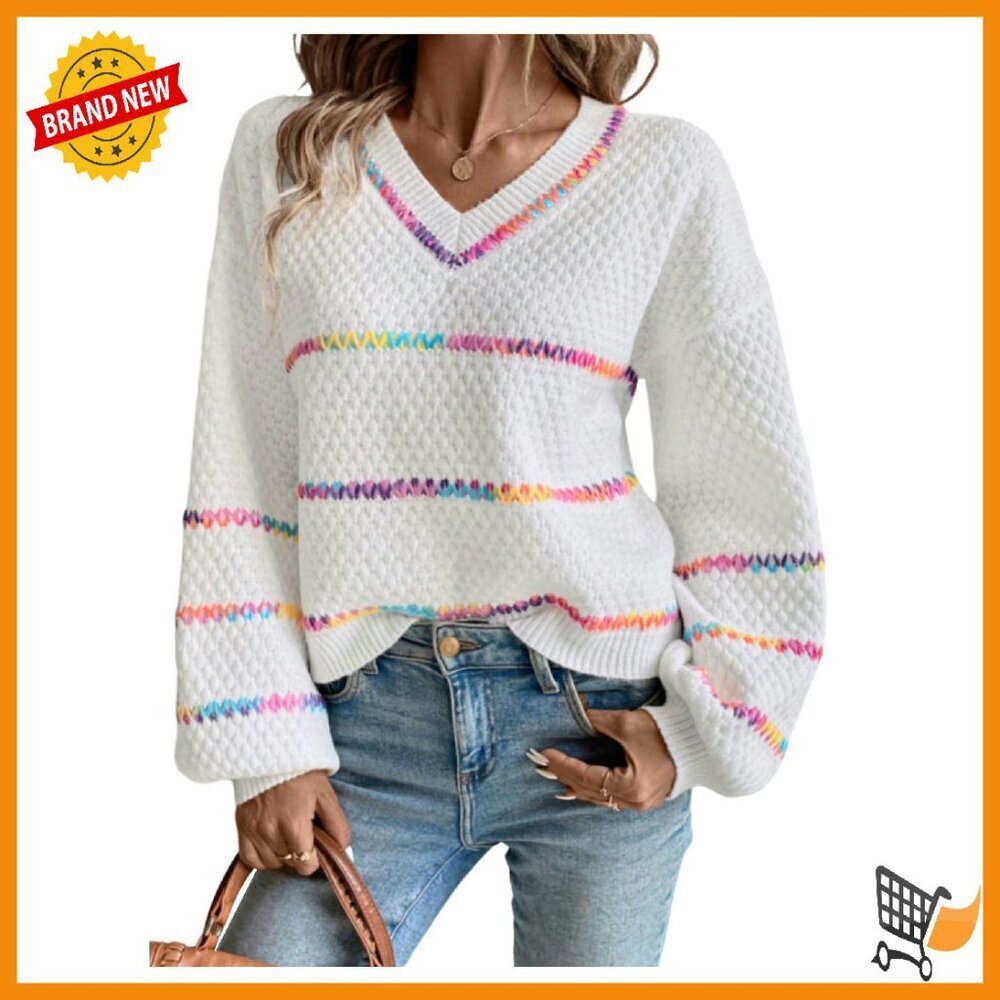 Oversized V-Neck Striped Pullover Sweater Cozy Knit Fall Winter